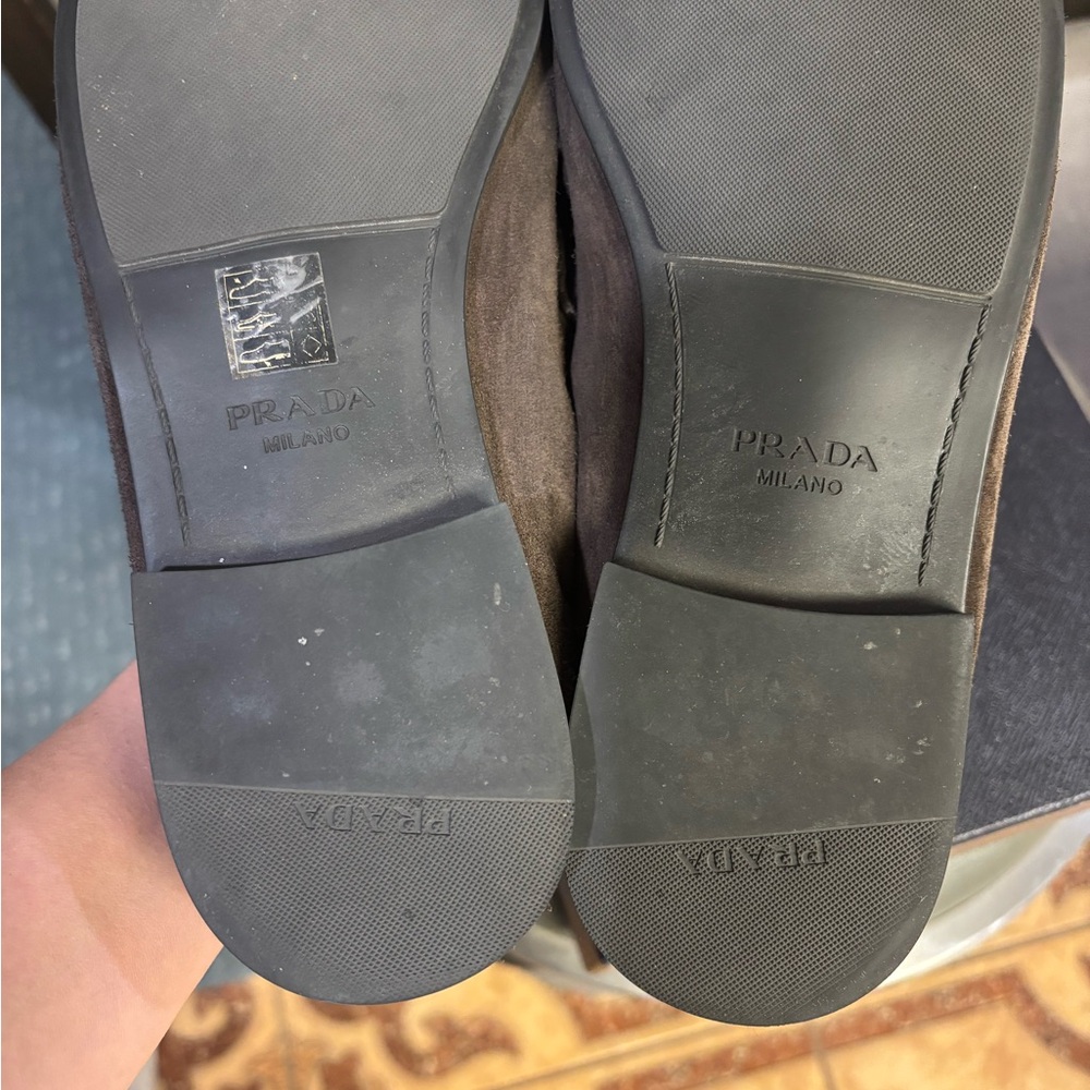 Prada Brown Suede Loafers with Metal Logo - Picture 3 of 6
